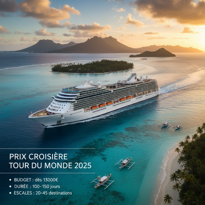 Prix croisière tour du monde 2025 illustré par un navire de luxe naviguant dans les eaux turquoise de la Polynésie.